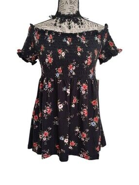 Love Streak Black Red Floral Smocked Off Shoulder Babydoll Top XL NWT Whimsigoth